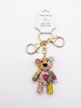 ⭐️Multicolor Rhinestone Teddy Bear Keychain Bag Charm with Gold Hardware